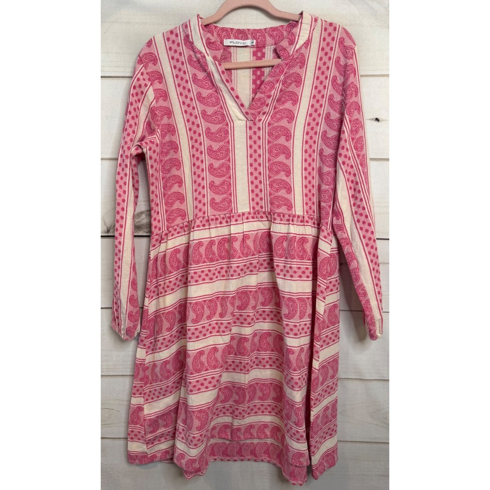 Floyd Pink Paisley Polka Dot Mini Dress Made in Italy Womens SM Boho Split Neck